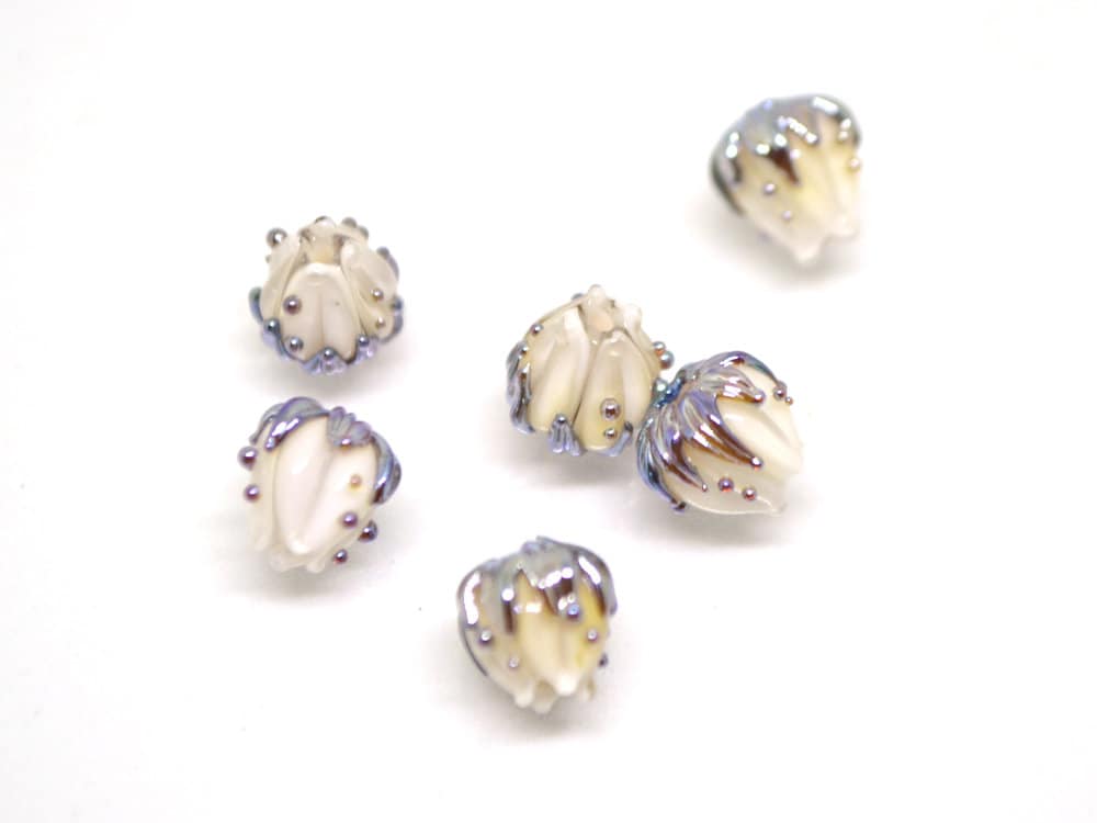 White flower beads with silver leaves, 7mm flower beads, Small lampwork beads, Handmade lampwork, Artisan lampwork