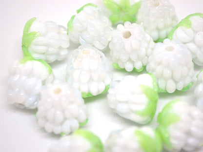 White lampwork raspberry, White glass berries, Berry jewelry making, Lampwork raspberries, Berry fruit beads, White Raspberry green leaf