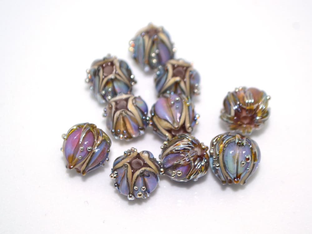 Purple gold glass beads, 10mm flower beads, Sparkle flower bead, Floral theme beads, Floral lampwork, Artisan lampwork, Lavender