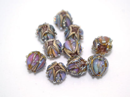 Purple gold glass beads, 10mm flower beads, Sparkle flower bead, Floral theme beads, Floral lampwork, Artisan lampwork, Lavender