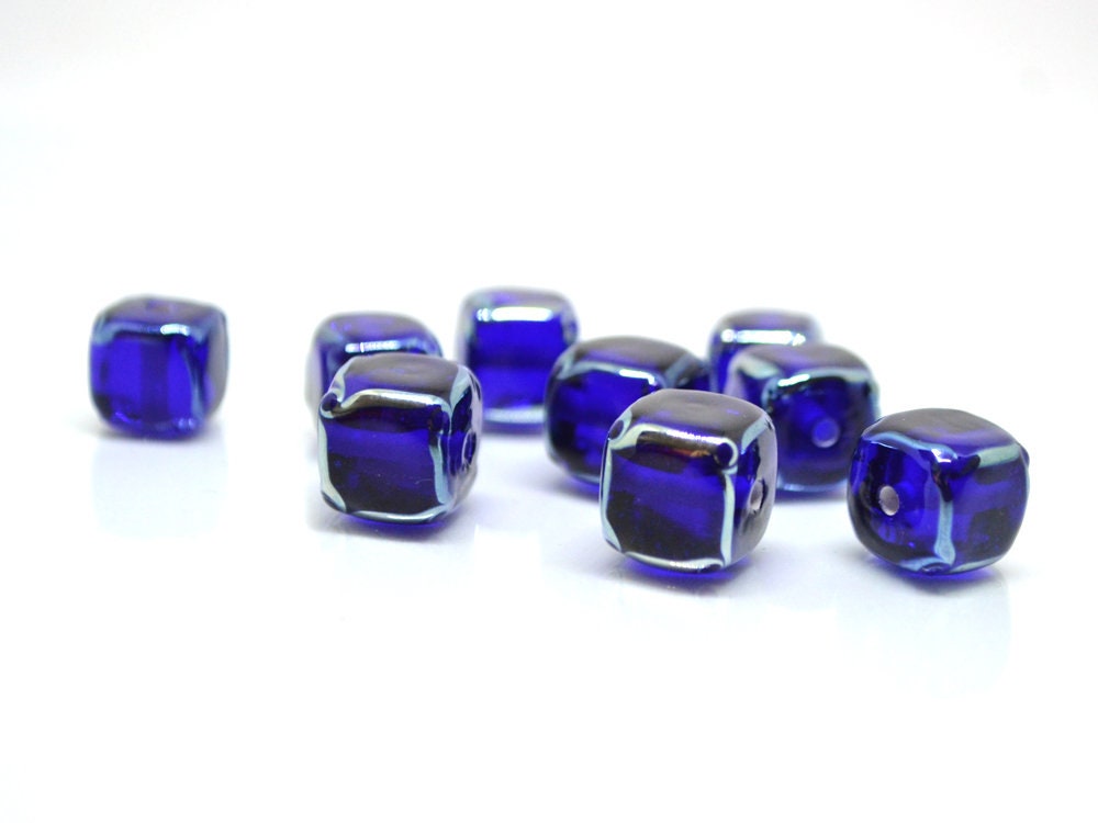 cobalt blue square beads blue cube beads blue spacer beads blue lampwork beads artisan lampwork 10mm cube beads glass blue beads spacer