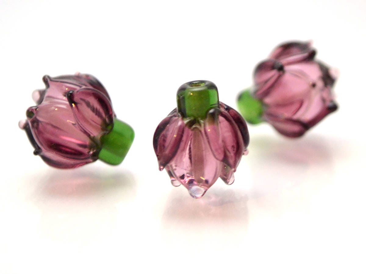 purple flower lampwork glass bud beads floral jewelry making set artisan lampwork earrings necklace violet amethyst transparent green