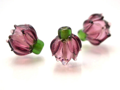 purple flower lampwork glass bud beads floral jewelry making set artisan lampwork earrings necklace violet amethyst transparent green