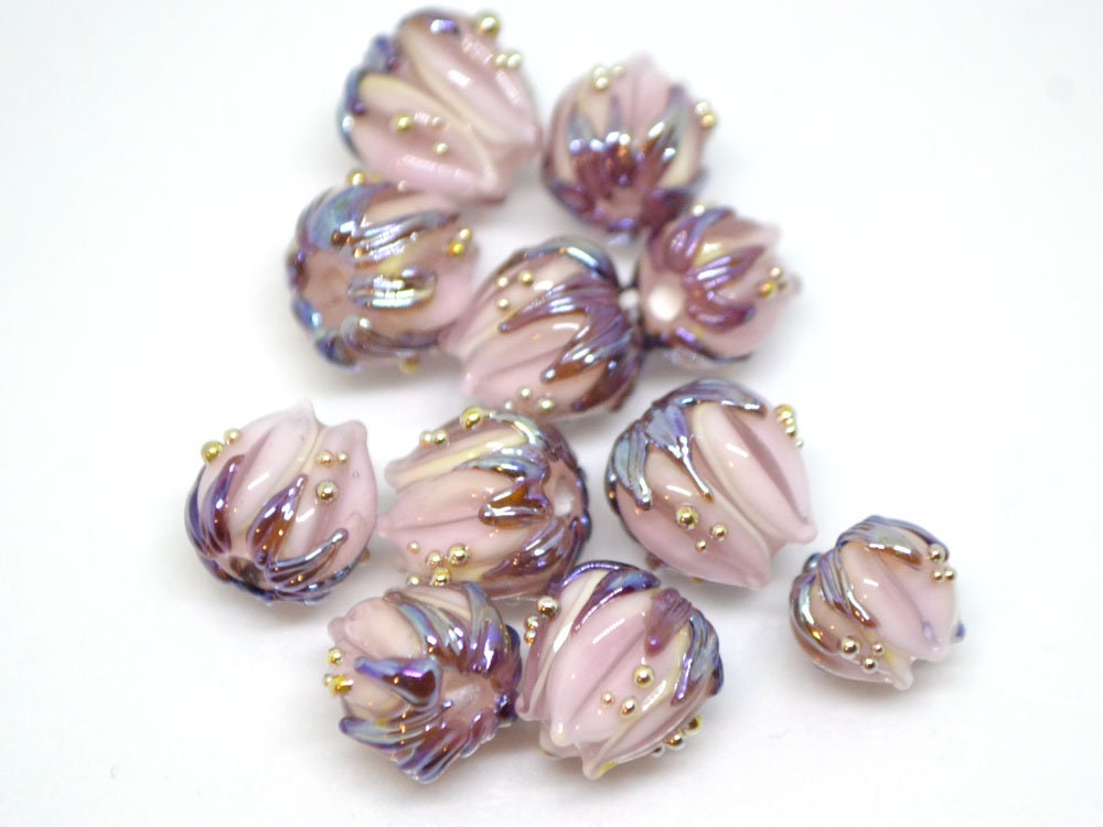 Pale pink glass flower beads purple leaves gold dew, Artisan lampwork, 10mm flower bead, Pastel pink, Floral glass beads, Flower spacer bead