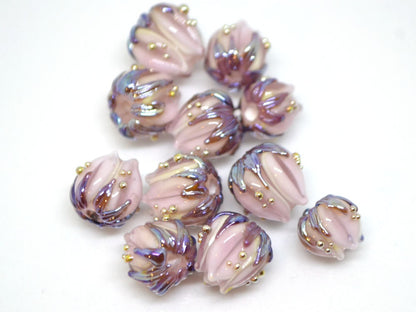 Pale pink glass flower beads purple leaves gold dew, Artisan lampwork, 10mm flower bead, Pastel pink, Floral glass beads, Flower spacer bead