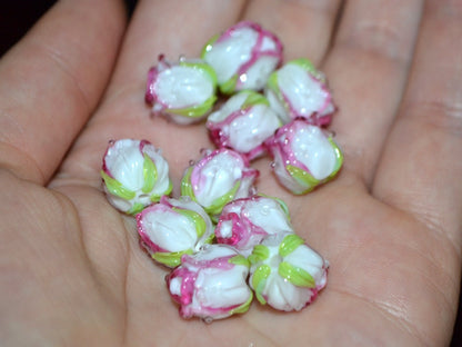 Amazing pink white rose bud beads, lampwork rosebud, Glass rose beads, Artisan lampwork, Floral Jewelry, Jewelry making, Flower lampwork