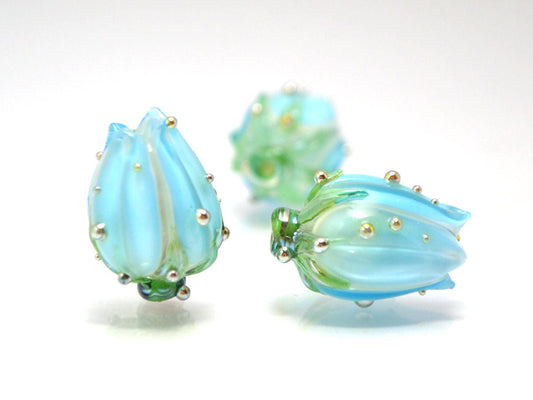 sky blue flower lampwork beads artisan lampwork wedding floral glass Bud blossom beads for earrings rose silver blue beads something blue