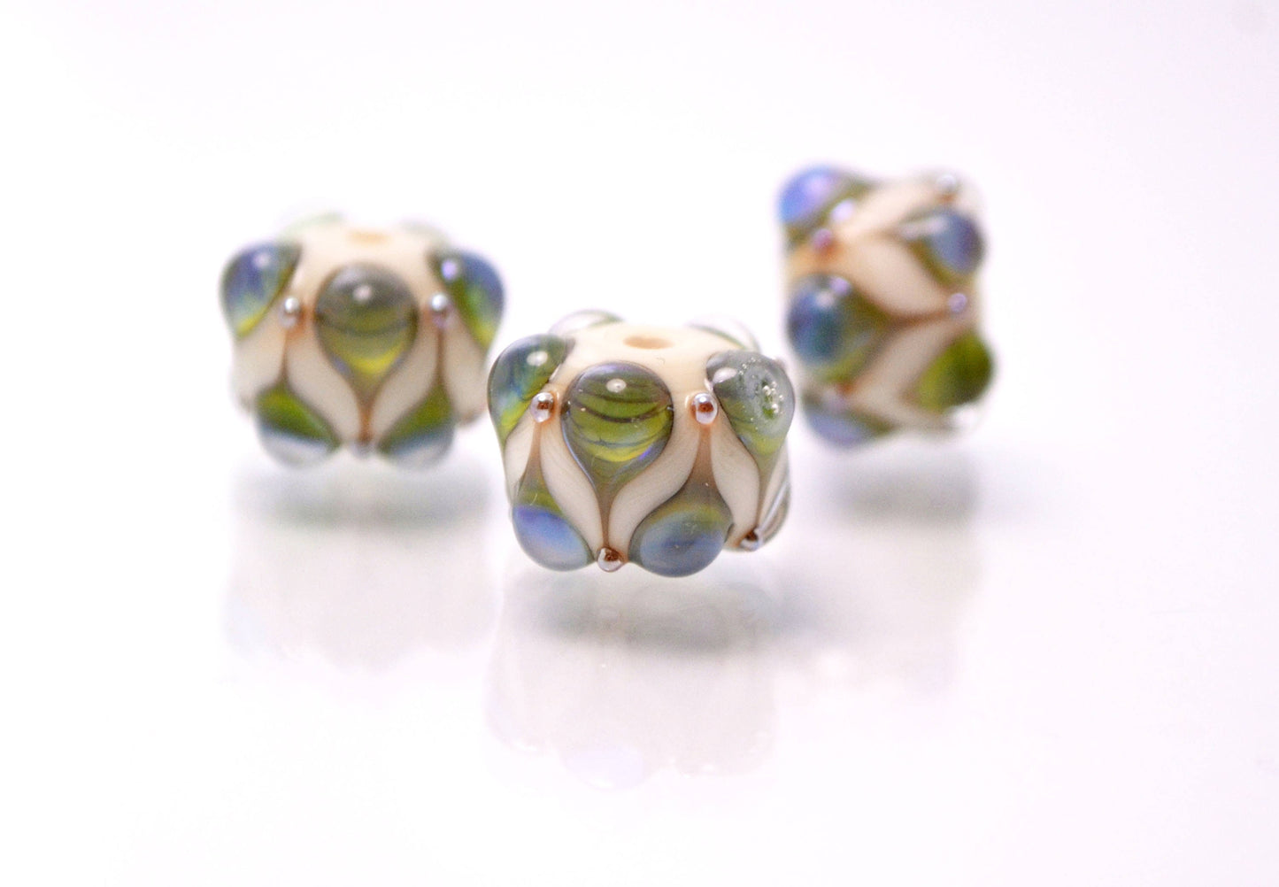 lampwork beads artisan lampwork jewelry making bead handmade art glass bead embossed textured beads green blue ivory Round lampwork beads