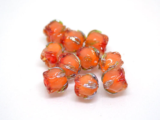 Small 7mm Orange rosebud beads, Rose glass beads, Floral lampwork, Orange glass beads, Handmade Lampwork