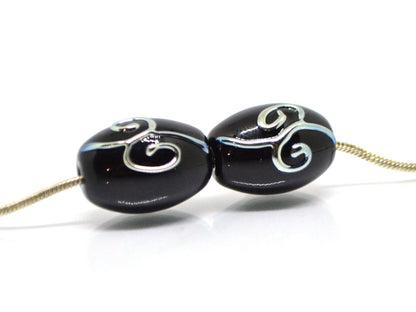 Black oval glass beads silver mirror curles, Barrel rice lampwork beads for you, Crafts beads, Jewelry supply, Artisan lampwork Glossy black