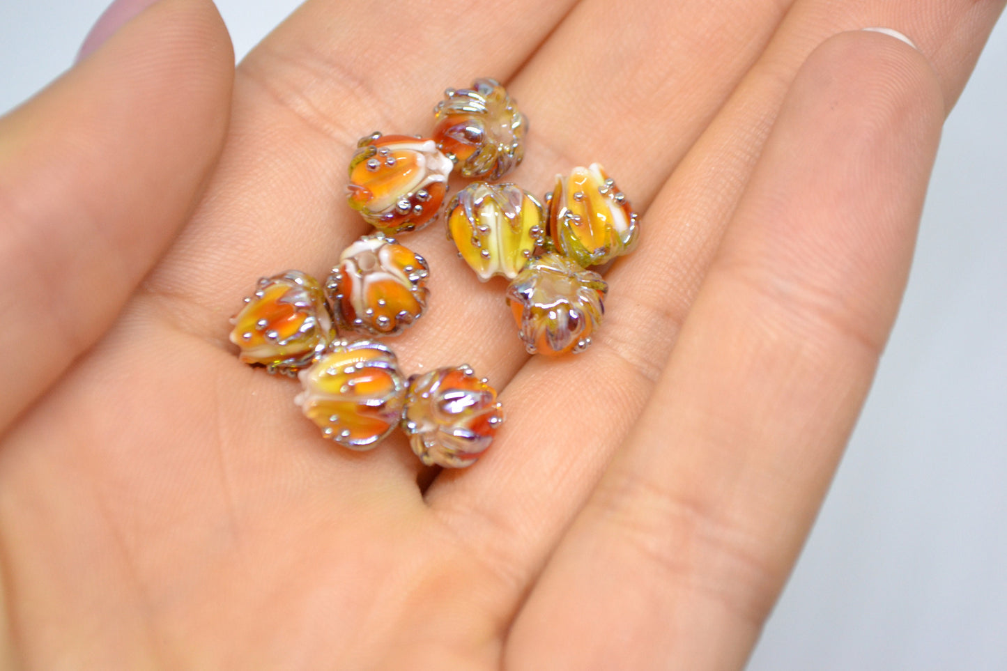 Tiny orange flower beads with gold leaves, Small glass beads, 7mm flower beads, beads for jewelry, Artisan lampwork