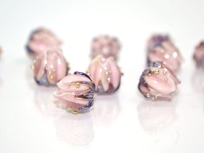 Pale pink glass flower beads purple leaves gold dew, Artisan lampwork, 10mm flower bead, Pastel pink, Floral glass beads, Flower spacer bead