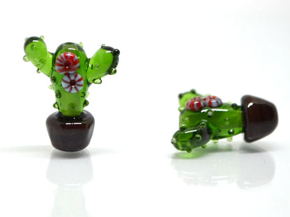 Glass cactus beads, Blooming cactus in a pot, Desert flower beads, Tequila beads, Artisan lampwork, Green flower beads