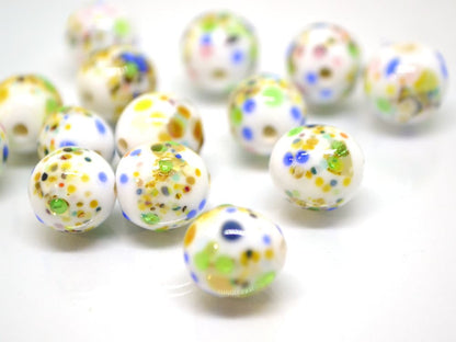 Colorful dots on white murano glass beads, Rainbow glass beads, Ethnic beads, Venetian style beads, Handmade beads, Artisan lampwork
