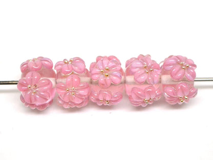Pink flower beads, Clear Rondelle beads with flowers, Rondelle lampwork, Handmade lampwork, rondelle glass beads, lampwork spacer,Pink bead
