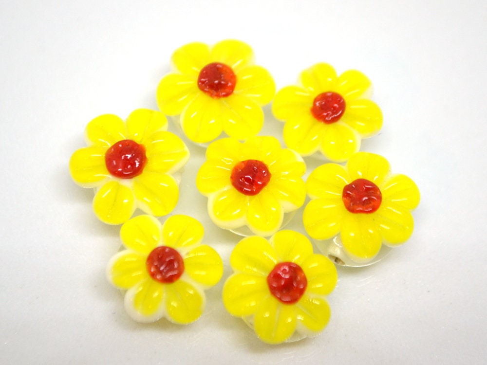 Yellow Chamomile beads, Lampwork Chamomile flower bead, Yellow and red beads, Lentils beads, Yellow floral lampwork