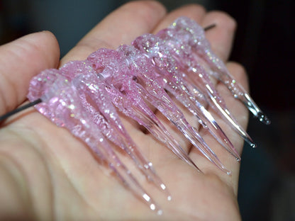 Pink Icicle Glass Beads, Christmas Beads, Transparent Glass beads, Snow Lampwork, Mini christmas tree decor, Holiday beads, Artisan lampwork