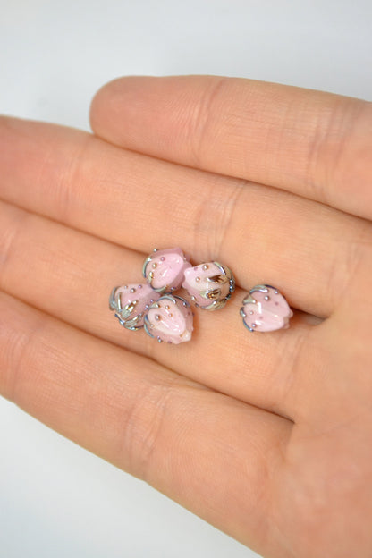 Pale pink floral beads with gold leaves, Tiny glass beads, Light pink 7mm flower beads, Artisan lampwork