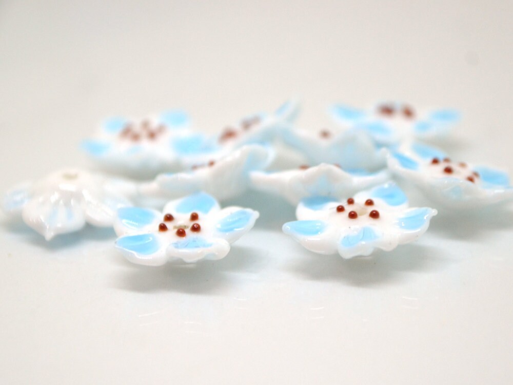 White blue glass flower beads, Blue floral lampwork, Glass blossom beads, Artisan lampwork bead, Jewelry beads, 3d Embroidery beads