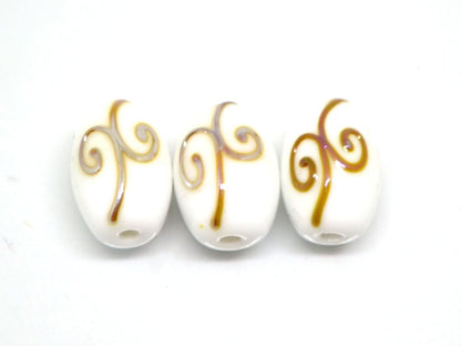 White opaque barrel glass beads gold curles, Oval lampwork beads, Handmade lampwork, Beads for wedding jewelry, Bead set, Beads crafts