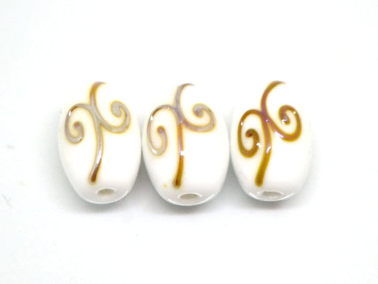 White opaque barrel glass beads gold curles, Oval lampwork beads, Handmade lampwork, Beads for wedding jewelry, Bead set, Beads crafts