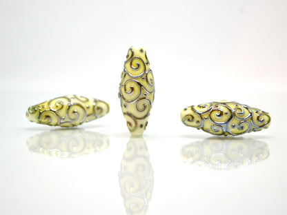 Ivory rhombus focal beads with gold curls, White milk glass beads, Mirror effect beads, Artisan lampwork