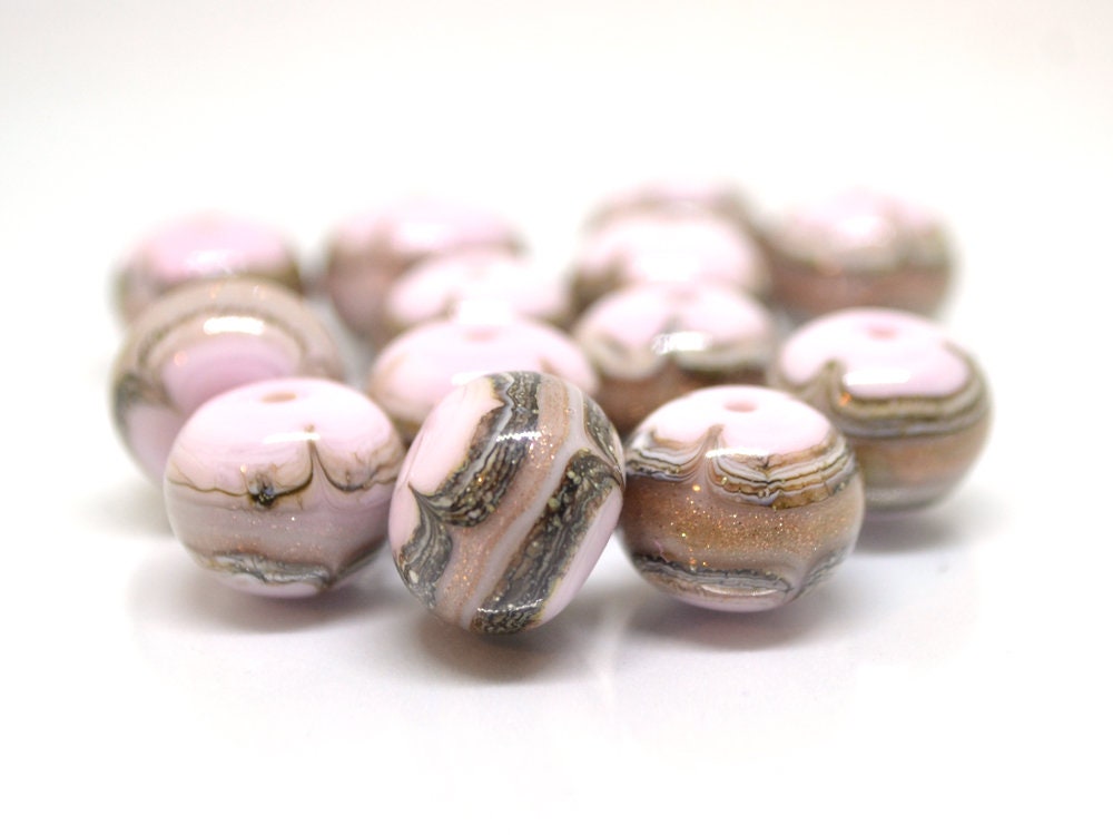 Pink and Gold glass beads, Gold sand Glass beads, Artisan lampwork, Beads for bracelet, Pale pink glass beads, Lampwork Beads set