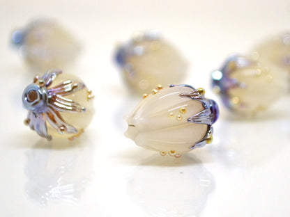White opaque flower beads, White purple gold lampwork beads, Floral lampwork, White milk beads