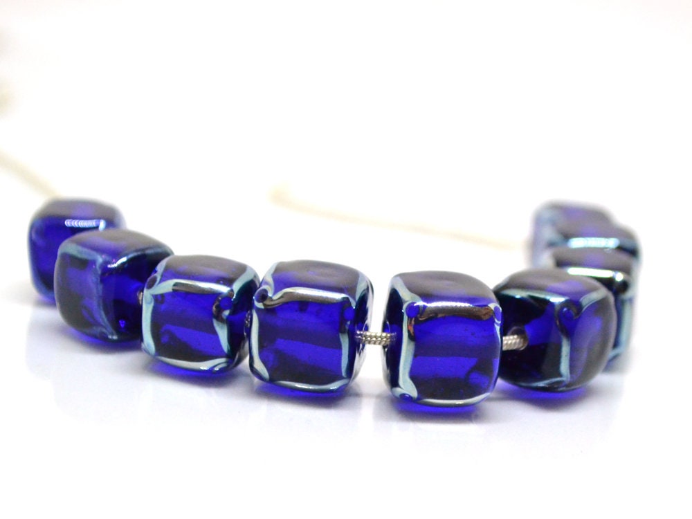 cobalt blue square beads blue cube beads blue spacer beads blue lampwork beads artisan lampwork 10mm cube beads glass blue beads spacer
