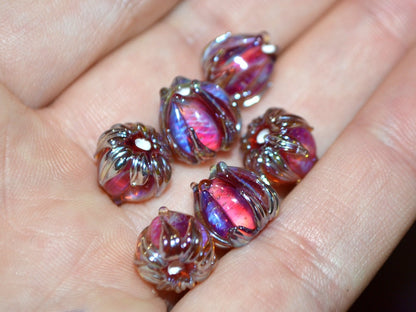 Ruby rose silver flower beads, Lampwork flower, 10mm flower beads, Glass flower, Floral lampwork, Artisan lampwork, netting silver pink