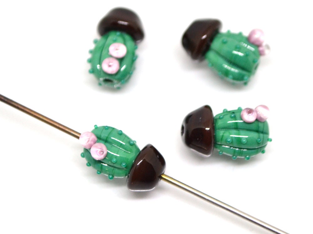 Glass cactus beads with pink flower, Dessert plants, Cactus flower in a pot pendant, Succulent beads