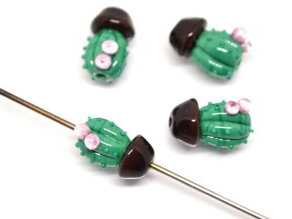 Glass cactus beads with pink flower, Dessert plants, Cactus flower in a pot pendant, Succulent beads