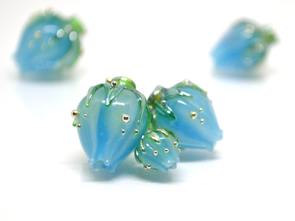 Powder blue glass beads, Handmade glass beads, Lampwork flower beads, Light Blue beads, Pale blue beads, Blue jewelry making,Blue flower bud