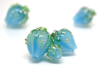 Powder blue glass beads, Handmade glass beads, Lampwork flower beads, Light Blue beads, Pale blue beads, Blue jewelry making,Blue flower bud