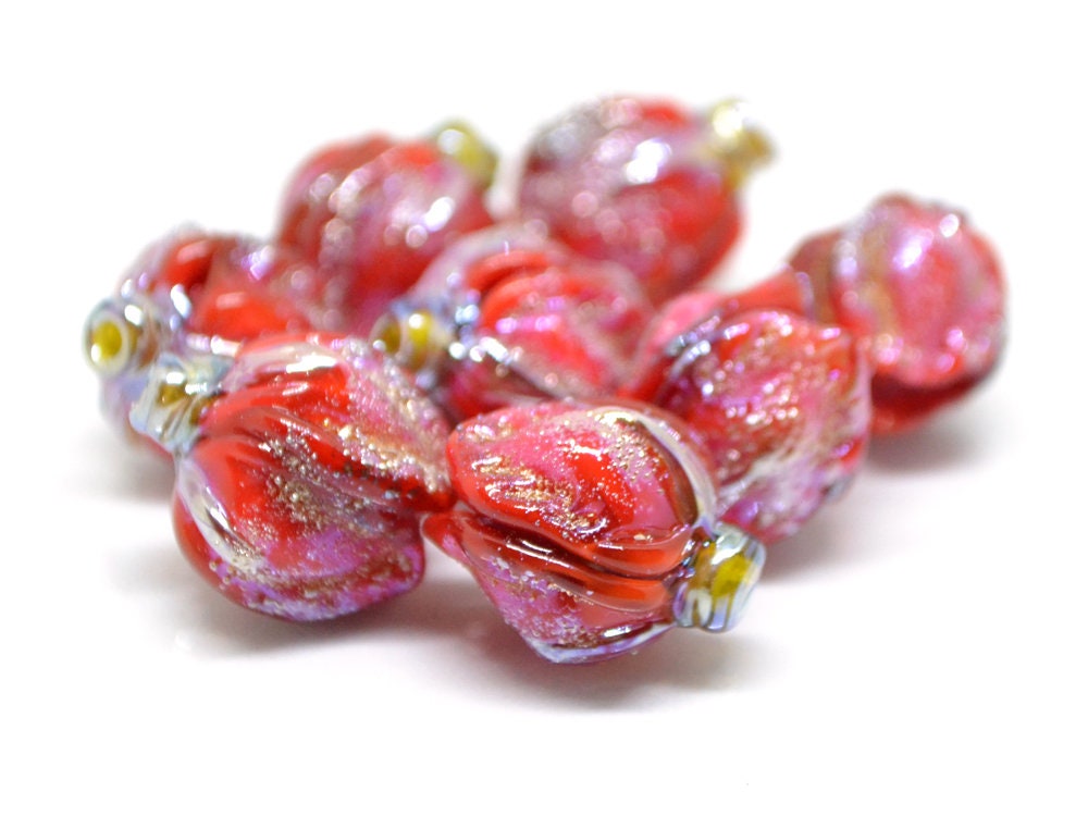 Scarlet red rose bud beads, Glitter Lampwork Bead, Stardust Flower lampwork beads, Sparkling beads, Glitter beads