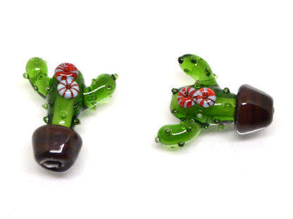 Glass cactus beads, Blooming cactus in a pot, Desert flower beads, Tequila beads, Artisan lampwork, Green flower beads