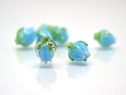 Aquamarine blue lampwork beads, Blue green flower beads, 9mm flower beads, Flower bud beads, Artisan lampwork