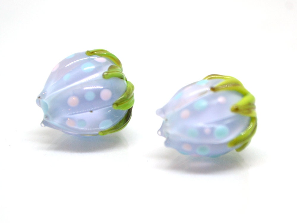 Pastel blue flower beads with colorful dots, Floral glass beads with green leaves, 12mm flower beads, Easter, Artisan lampwork