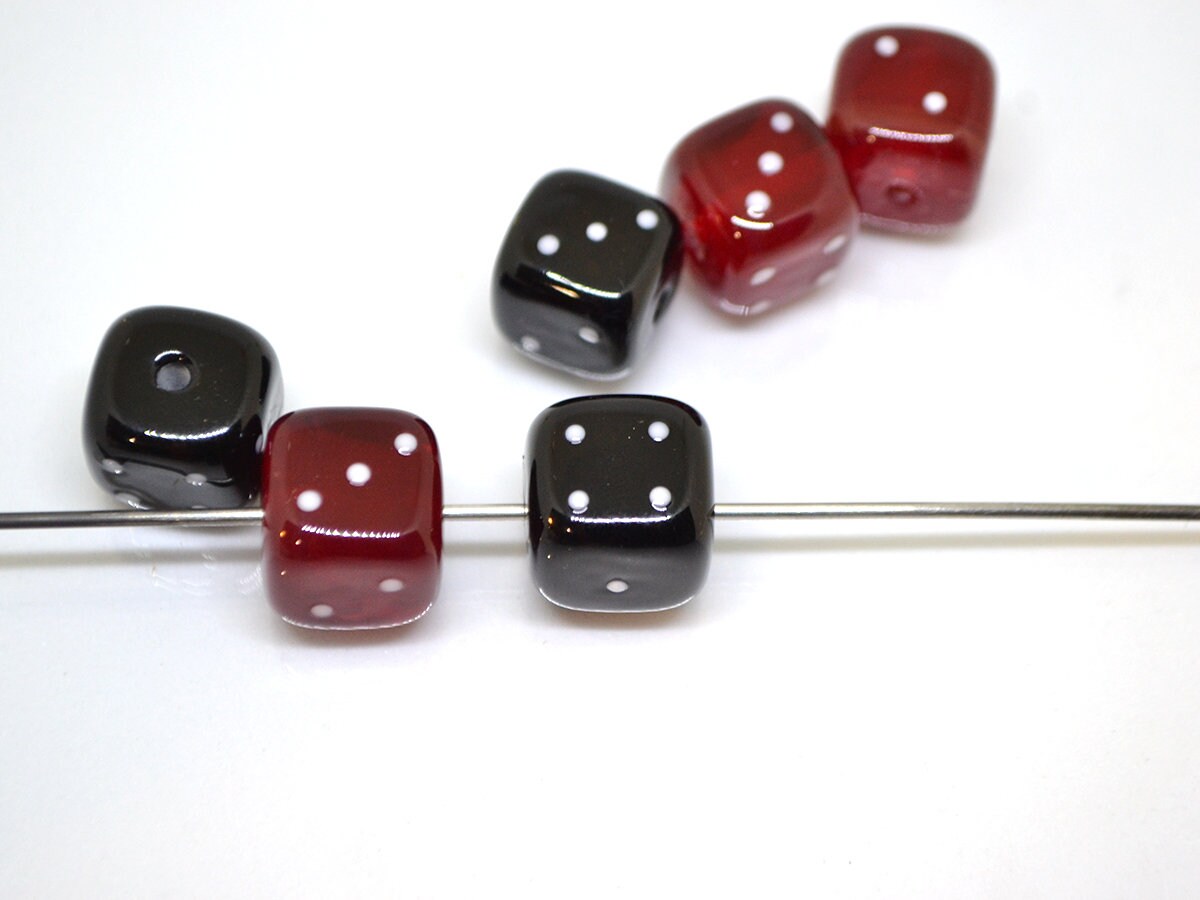 Black Red dice beads, Glass cube beads, Handmade lampwork beads, Casino lover, Funky dice glass beads, black dice, red dice