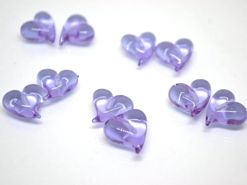 Lavender purple heart beads, Lampwork heart, Purple beads, Violet heart beads, Glass heart shape, Murano bead, Half-drilled beads
