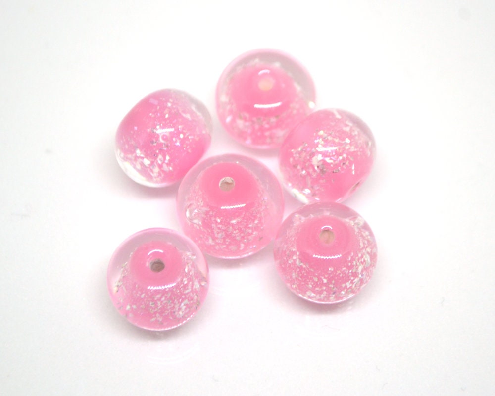 Pink lampwork foil beads, Handmade glass, Artisan lampwork, Shimmering Sparkling Round Silver Wedding jewelry making bead bride set bracelet