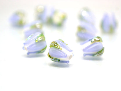 Pale Lavender green flower beads, 10mm beads, Light purple floral beads, Artisan lampwork, Handmade Lampwork, Floral lampwork, Pastel beads
