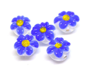 Blue Lampwork Chamomile beads, Cobalt blue Chamomile flower bead, Blue and yellow beads, Beads for bracelet, Blue flower bead, Blue lampwork
