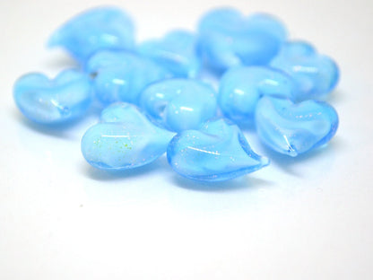 Blue heart beads, Sparkle Lampwork heart, Sky blue glass beads, Glass heart shape bead, Heart charm beads, Half-drilled beads, Handmade