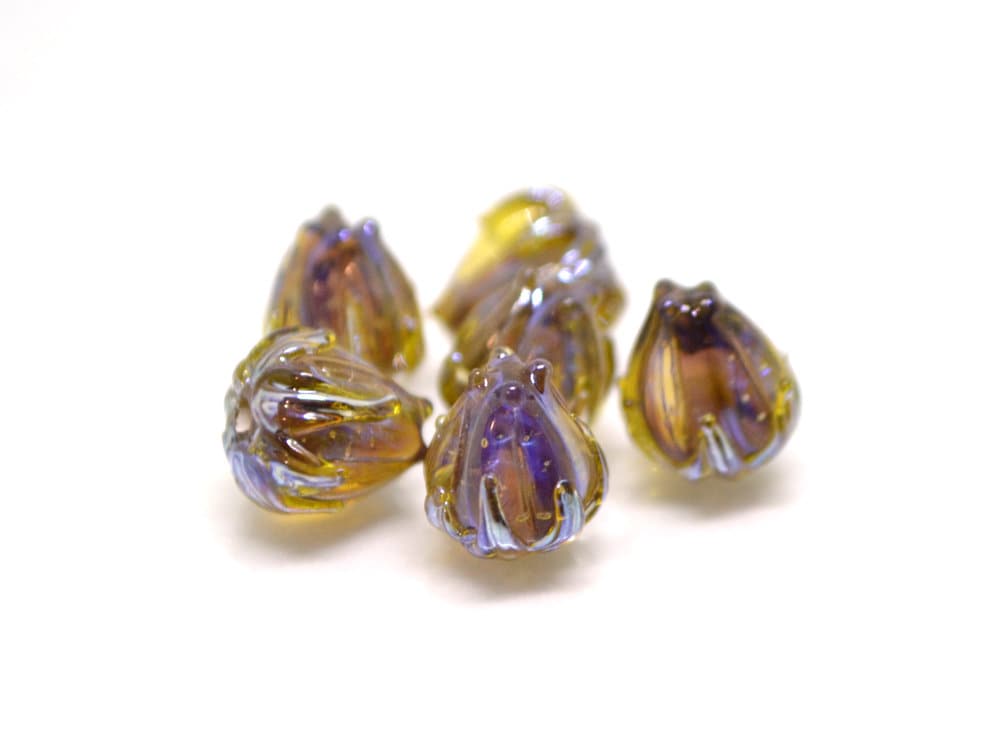 Purple green flower beads, Purple yellow floral beads, Netting pattern beads, 7mm glass beads, Tiny flower beads, Artisan lampwork beads