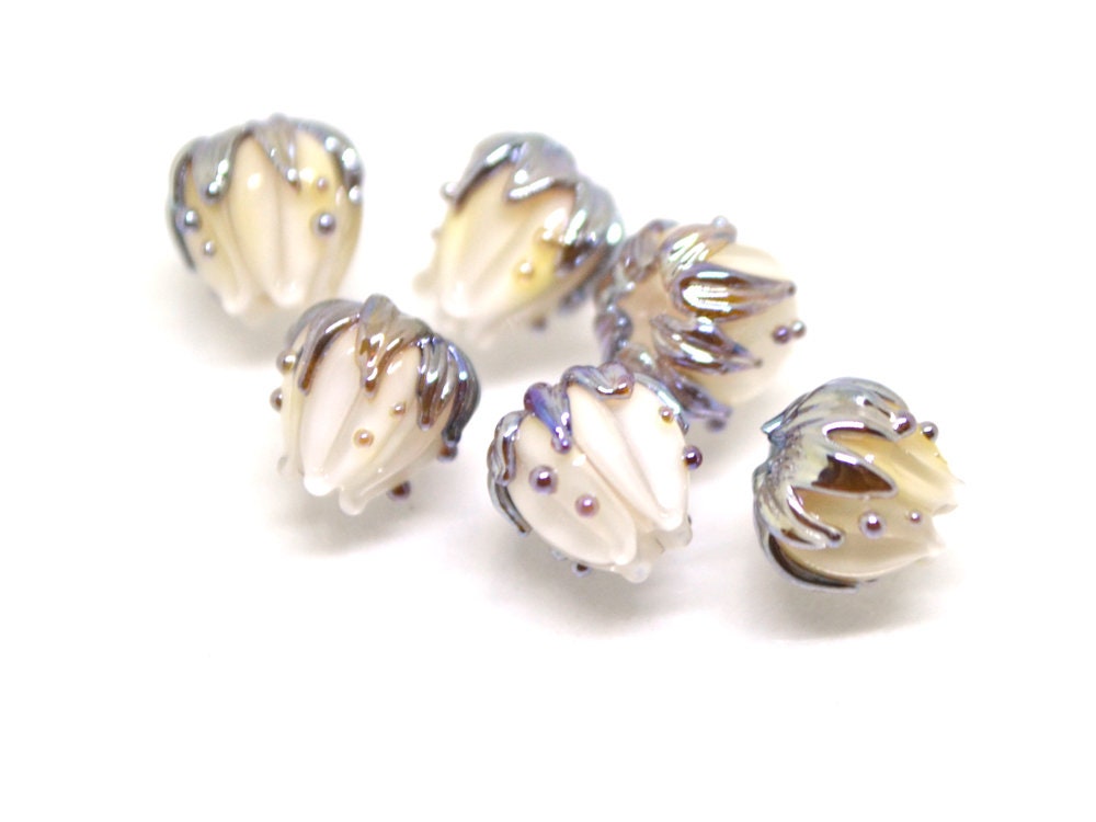 White flower beads with silver leaves, 7mm flower beads, Small lampwork beads, Handmade lampwork, Artisan lampwork