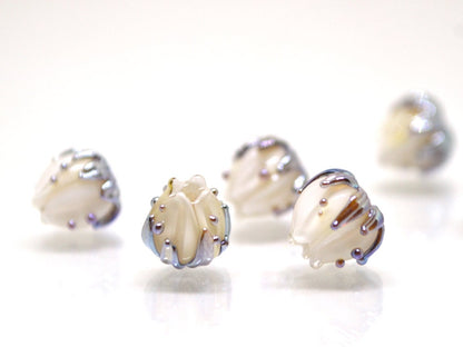 White flower beads with silver leaves, 7mm flower beads, Small lampwork beads, Handmade lampwork, Artisan lampwork