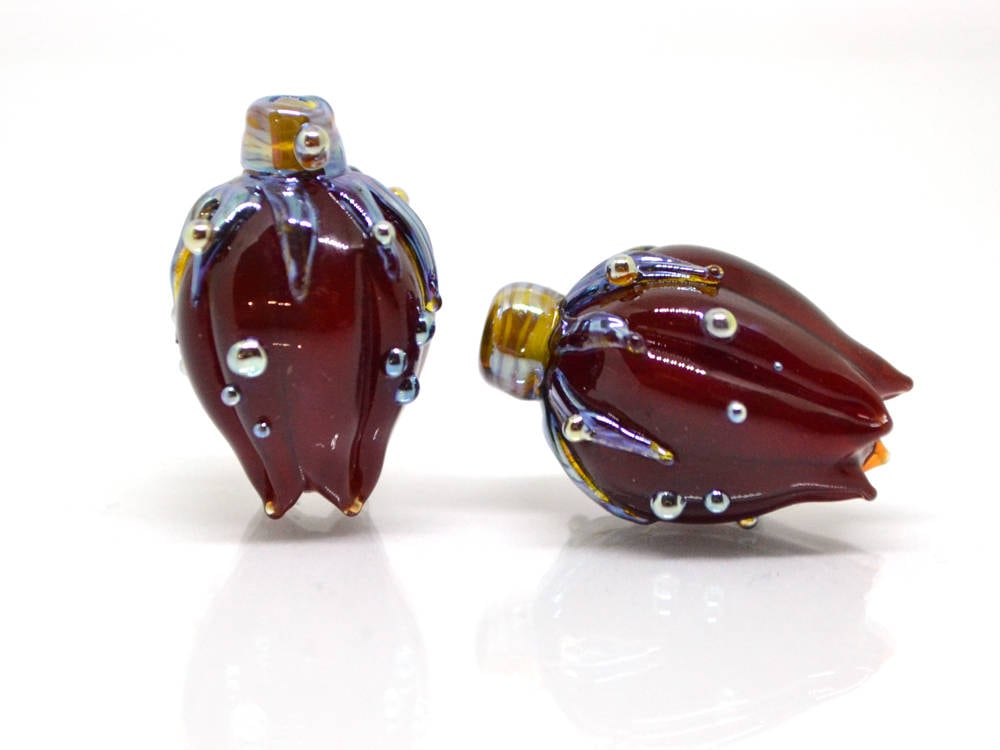 bordeaux red glass flower beads lampwork handmade beads artisan lampwork flower bead sculpture flower focal bead dark red brutalist jewelry