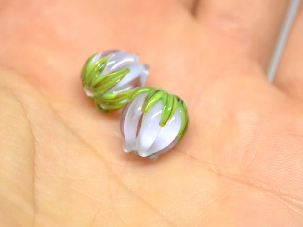Pale blue and pink flower beads, Pastel Floral glass beads with green leaves, 12mm flower beads, Easter, Artisan lampwork