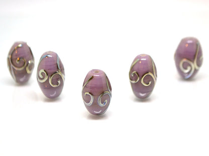 Purple glass lampwork oval beads with silver swirl texture lavender earrings beads, rhombus beads, oval glass beads, handmade glass beads
